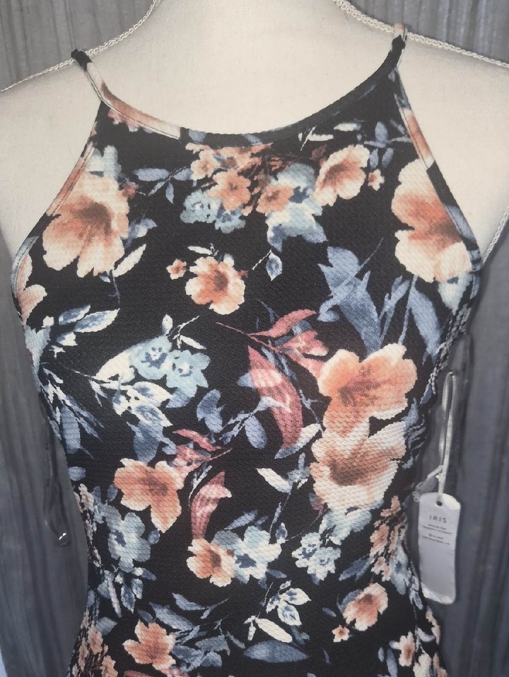 iris Black Mini Dress with Peach & Blue Floral Print
